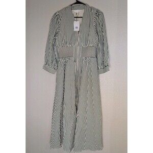Entro Avara Brantley Dress S Striped V-Neck Smocked Waist Pockets Cottagecore